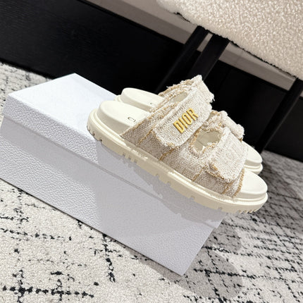 DIOR SANDALS 25S IN CREAM WHITE TWEED AND CALFSKIN WITH GOLD HARDWARE