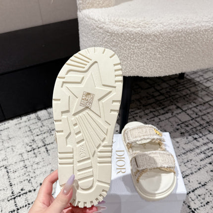 DIOR SANDALS 25S IN CREAM WHITE TWEED AND CALFSKIN WITH GOLD HARDWARE