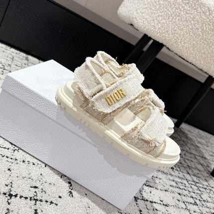DIOR BACK-STRAP SANDALS 25S IN CREAM WHITE TWEED AND CALFSKIN WITH GOLD HARDWARE