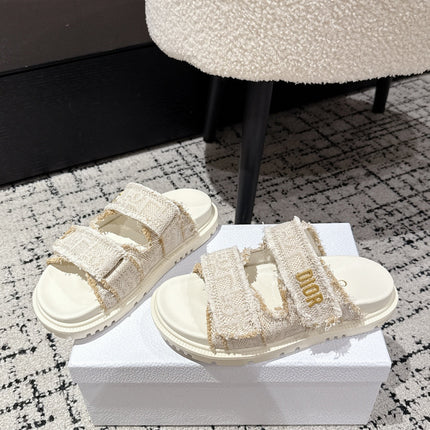 DIOR SANDALS 25S IN CREAM WHITE TWEED AND CALFSKIN WITH GOLD HARDWARE