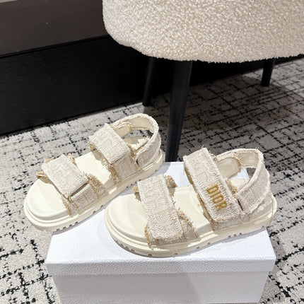 DIOR BACK-STRAP SANDALS 25S IN CREAM WHITE TWEED AND CALFSKIN WITH GOLD HARDWARE