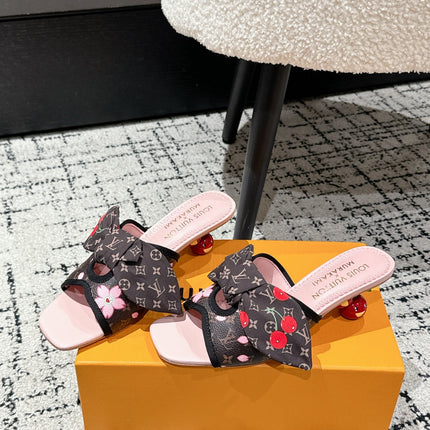 LV CHERRY HIGH HEELS 25S IN DARK BROWN AND PINK CALFSKIN WITH BOW STYLE 16