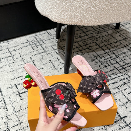 LV CHERRY HIGH HEELS 25S IN DARK BROWN AND PINK CALFSKIN WITH BOW STYLE 16