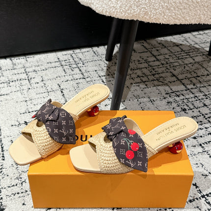 LV CHERRY HIGH HEELS 25S IN BEIGE RAFFIA WITH BOW STYLE 13