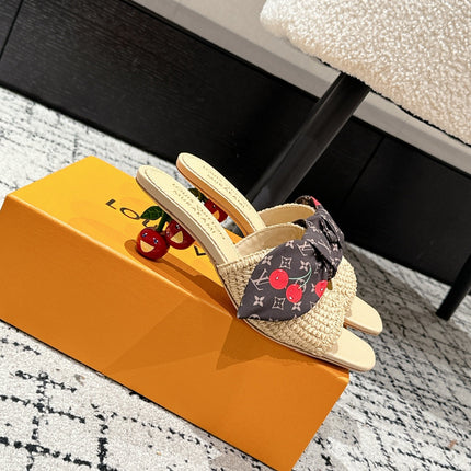 LV CHERRY HIGH HEELS 25S IN BEIGE RAFFIA WITH BOW STYLE 13