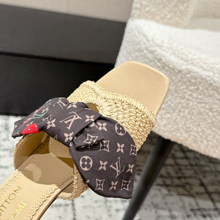 LV CHERRY HIGH HEELS 25S IN BEIGE RAFFIA WITH BOW STYLE 13
