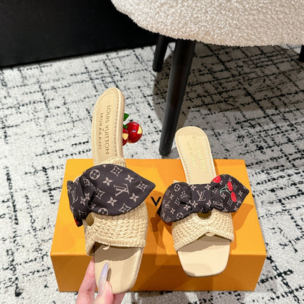 LV CHERRY HIGH HEELS 25S IN BEIGE RAFFIA WITH BOW STYLE 13