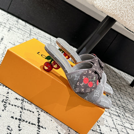 LV CHERRY HIGH HEELS 25S IN DARK GREY DENIM WITH BOW STYLE 7