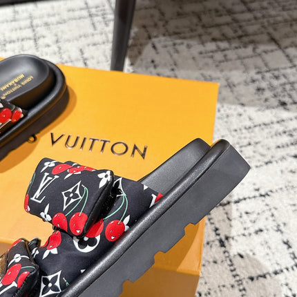 LV TWO-STRAP SLIDES 25S IN BLACK FABRIC AND CALFSKIN