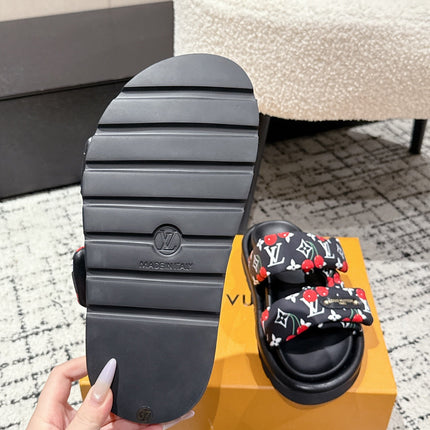 LV TWO-STRAP SLIDES 25S IN BLACK FABRIC AND CALFSKIN