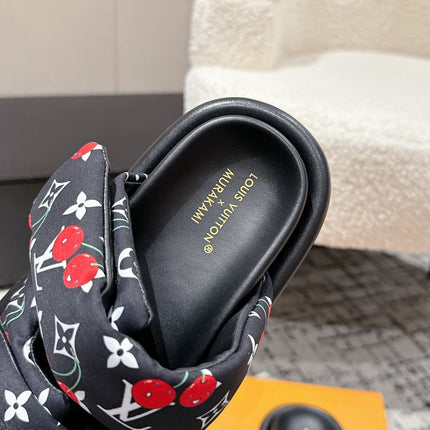 LV TWO-STRAP SLIDES 25S IN BLACK FABRIC AND CALFSKIN