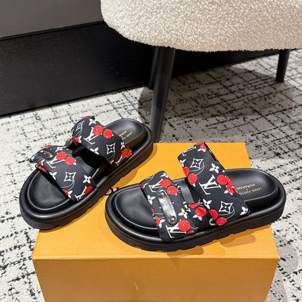 LV TWO-STRAP SLIDES 25S IN BLACK FABRIC AND CALFSKIN