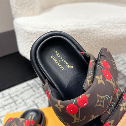 LV TWO-STRAP SLIDES 25S IN BROWN FABRIC AND BLACK CALFSKIN