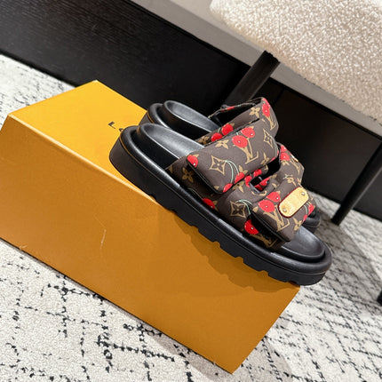 LV TWO-STRAP SLIDES 25S IN BROWN FABRIC AND BLACK CALFSKIN