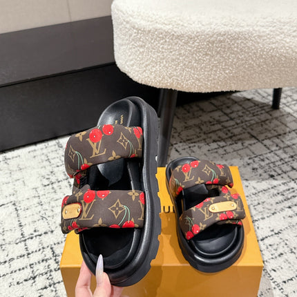 LV TWO-STRAP SLIDES 25S IN BROWN FABRIC AND BLACK CALFSKIN