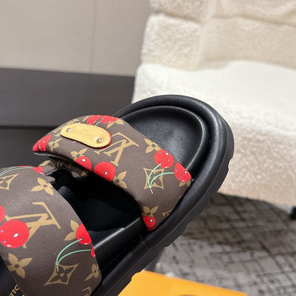 LV TWO-STRAP SLIDES 25S IN BROWN FABRIC AND BLACK CALFSKIN