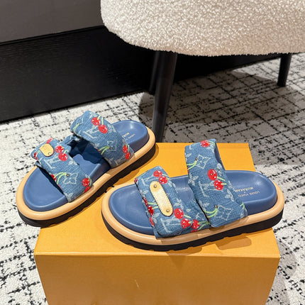 LV MIAMI DOUBLE-STRAP SANDALS 25S IN BLUE DENIM AND CALFSKIN