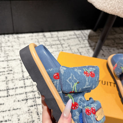 LV MIAMI DOUBLE-STRAP SANDALS 25S IN BLUE DENIM AND CALFSKIN