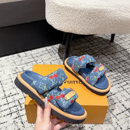 LV MIAMI DOUBLE-STRAP SANDALS 25S IN BLUE DENIM AND CALFSKIN