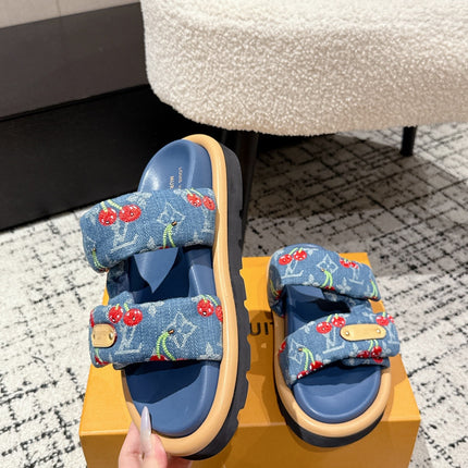 LV MIAMI DOUBLE-STRAP SANDALS 25S IN BLUE DENIM AND CALFSKIN