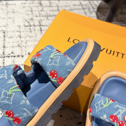 LV MIAMI DOUBLE-STRAP SANDALS 25S IN BLUE DENIM AND CALFSKIN