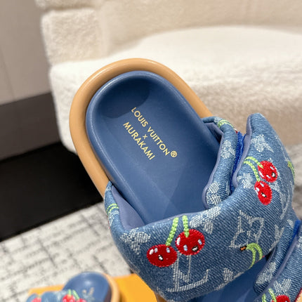 LV MIAMI DOUBLE-STRAP SANDALS 25S IN BLUE DENIM AND CALFSKIN