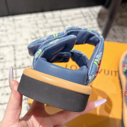 LV MIAMI DOUBLE-STRAP SANDALS 25S IN BLUE DENIM AND CALFSKIN