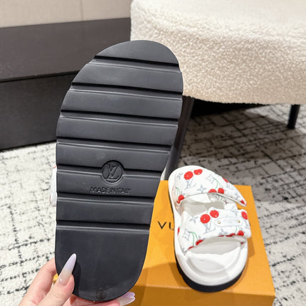 LV TWO-STRAP SLIDES 25S IN WHITE FABRIC AND CALFSKIN