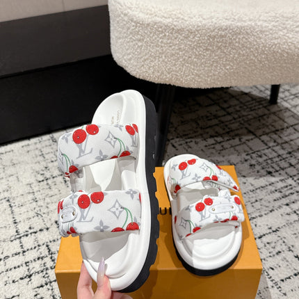 LV TWO-STRAP SLIDES 25S IN WHITE FABRIC AND CALFSKIN