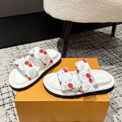 LV TWO-STRAP SLIDES 25S IN WHITE FABRIC AND CALFSKIN