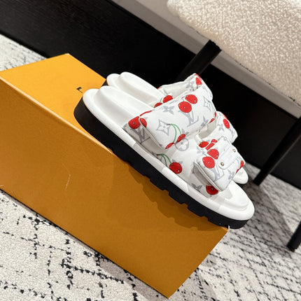 LV TWO-STRAP SLIDES 25S IN WHITE FABRIC AND CALFSKIN