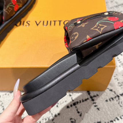 LV MIAMI-STYLE SANDALS 25S IN BROWN FABRIC AND BLACK CALFSKIN