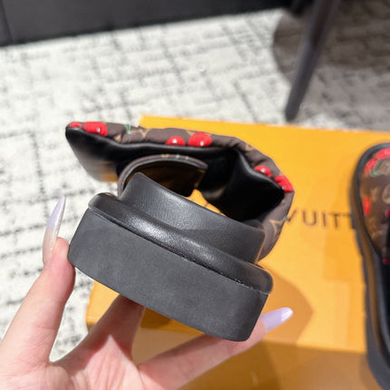 LV MIAMI-STYLE SANDALS 25S IN BROWN FABRIC AND BLACK CALFSKIN