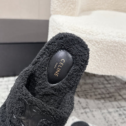 CELINE 25S SLIDES TRIOMPHE IN BLACK SPONGE FABRIC