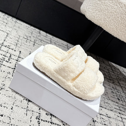 CELINE 25S SLIDES TRIOMPHE IN IVORY SPONGE FABRIC