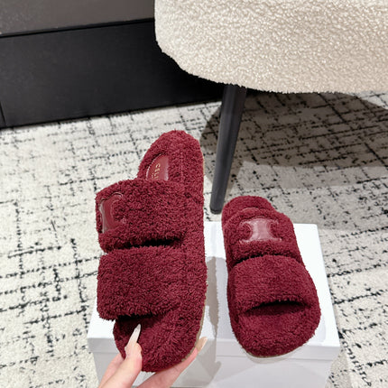 CELINE 25S SLIDES TRIOMPHE IN WINE RED SPONGE FABRIC