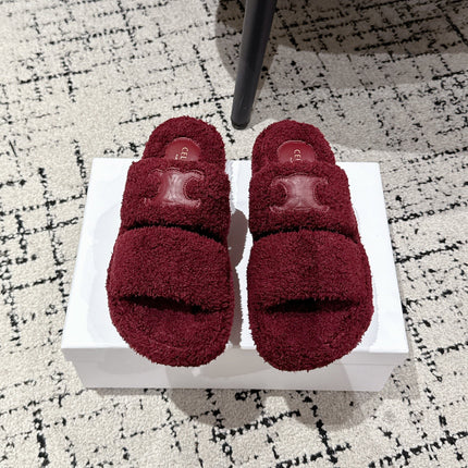 CELINE 25S SLIDES TRIOMPHE IN WINE RED SPONGE FABRIC