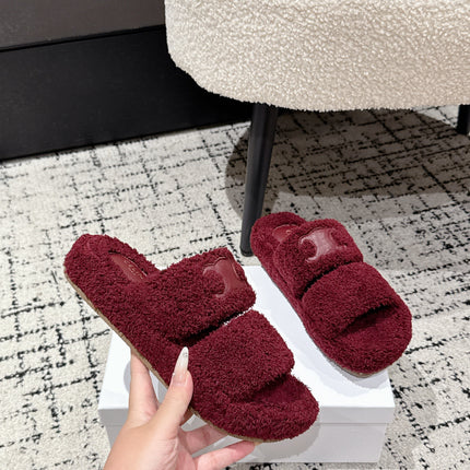 CELINE 25S SLIDES TRIOMPHE IN WINE RED SPONGE FABRIC