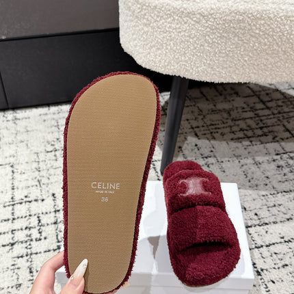 CELINE 25S SLIDES TRIOMPHE IN WINE RED SPONGE FABRIC