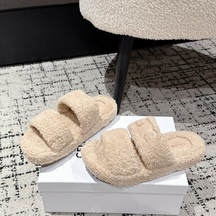 CELINE 25S SLIDES TRIOMPHE IN BIEGE SPONGE FABRIC