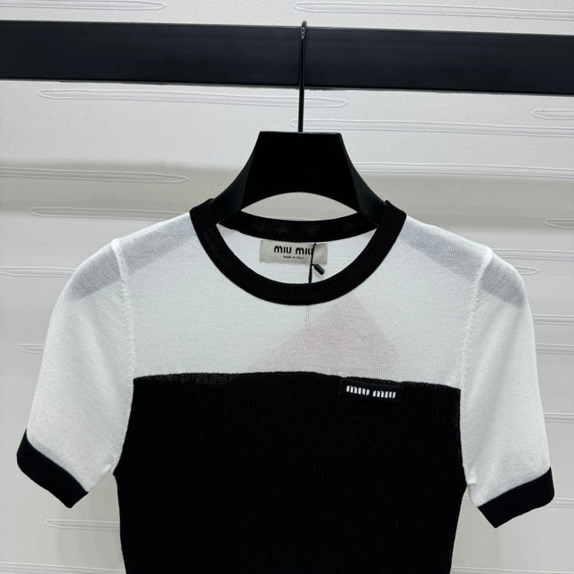 MIUMIU CREW NECK SHORT-SLEEVE SHEER KNIT TOP 274813