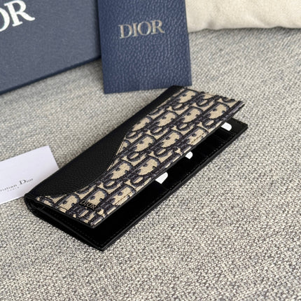 VERTICAL BIFOLD WALLET 19 IN BLACK GRAINED CALFSKIN MIX BLUE MONOGRAM OBLIQUE JACQUARD