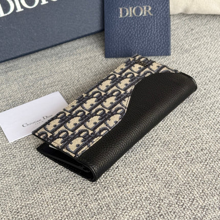VERTICAL BIFOLD WALLET 19 IN BLACK GRAINED CALFSKIN MIX BLUE MONOGRAM OBLIQUE JACQUARD