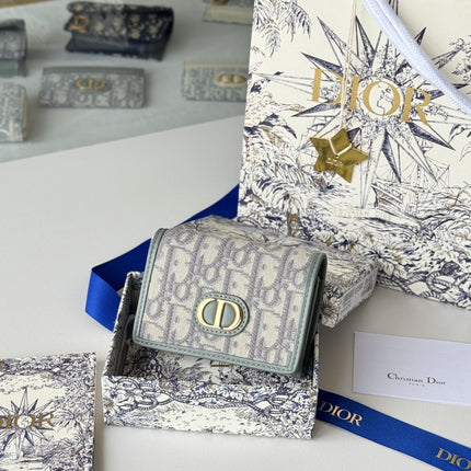 DIOR 25S CARO CARD HOLDER 11 IN GRAY CALFSKIN AND CANVAS GOLD HARDWARE