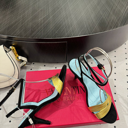 VLTN HIGH SANDAL 25S 60 MM IN BLACK SUEDE AND GOLD CALFSKIN