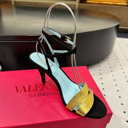 VLTN HIGH SANDAL 25S 60 MM IN BLACK SUEDE AND GOLD CALFSKIN