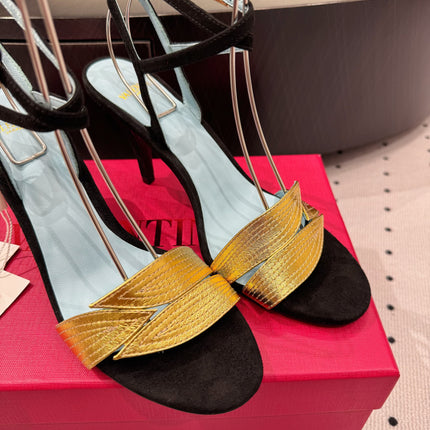 VLTN HIGH SANDAL 25S 60 MM IN BLACK SUEDE AND GOLD CALFSKIN