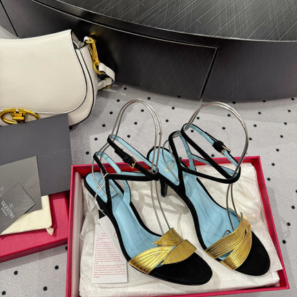 VLTN HIGH SANDAL 25S 60 MM IN BLACK SUEDE AND GOLD CALFSKIN