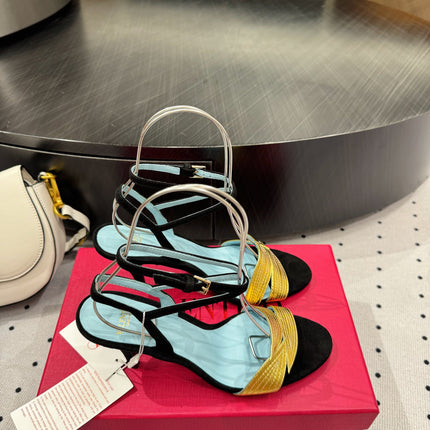 VLTN HIGH SANDAL 25S 60 MM IN BLACK SUEDE AND GOLD CALFSKIN