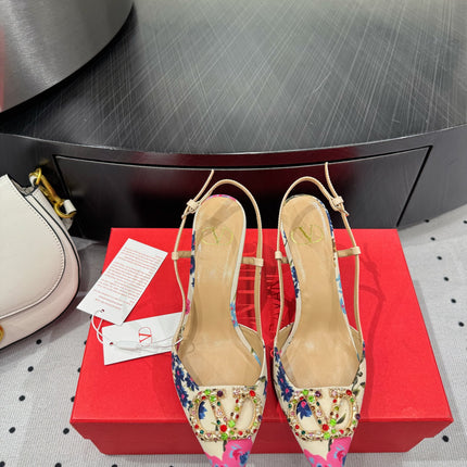 VLTN HIGH SLINGBACK 25S 80 MM IN WHITE MIX PINK FABRIC AND CALFSKIN